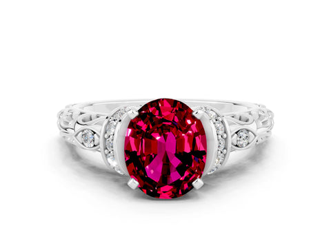 White gold Oval Cut Garnet Solitaire Ring with Filigree Band and Four-Prong Setting_24