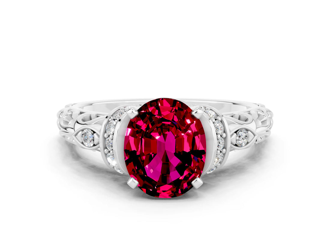 White gold Oval Cut Garnet Solitaire Ring with Filigree Band and Four-Prong Setting_24