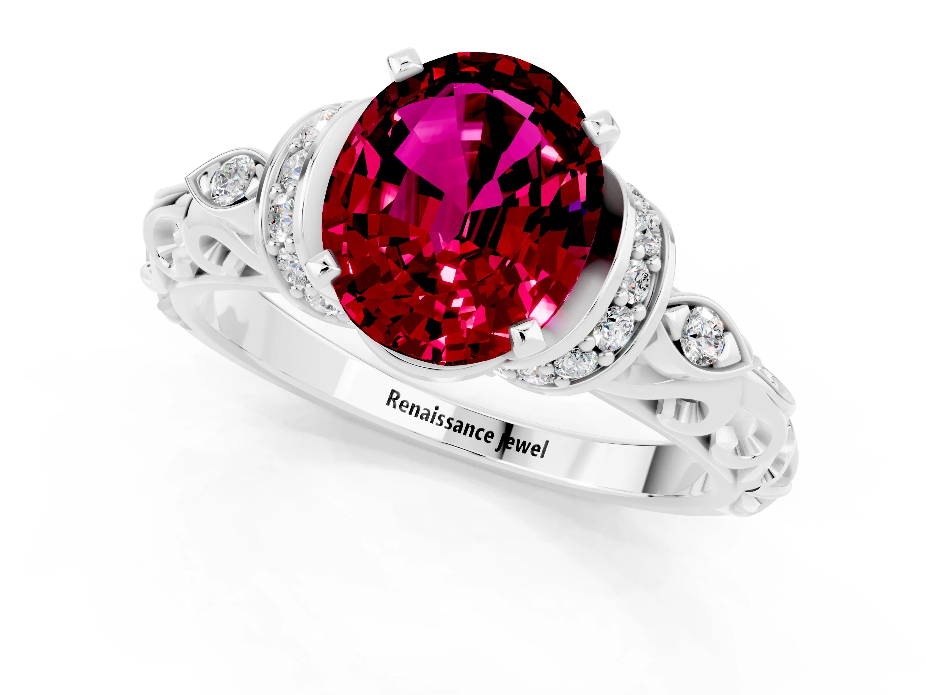White gold Oval Cut Garnet Solitaire Ring with Filigree Band and Four-Prong Setting_25