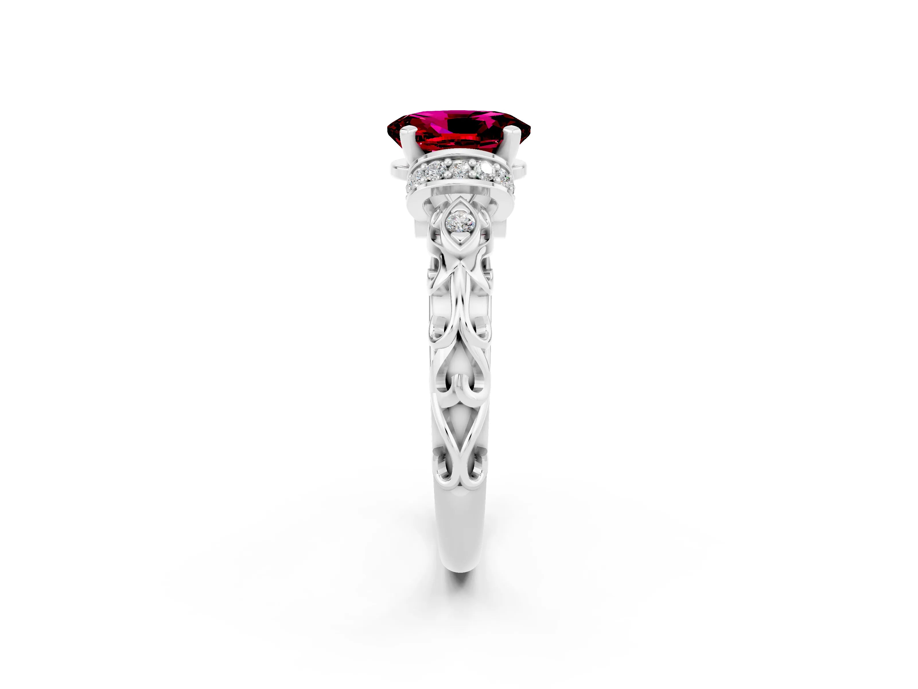 White gold Oval Cut Garnet Solitaire Ring with Filigree Band and Four-Prong Setting_26
