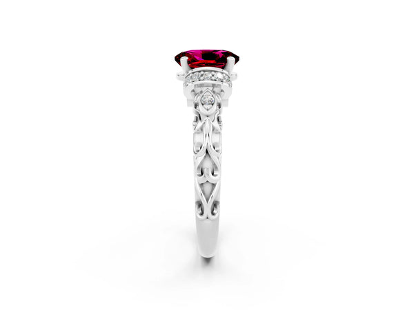White gold Oval Cut Garnet Solitaire Ring with Filigree Band and Four-Prong Setting