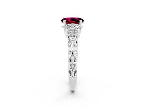 White gold Oval Cut Garnet Solitaire Ring with Filigree Band and Four-Prong Setting_26