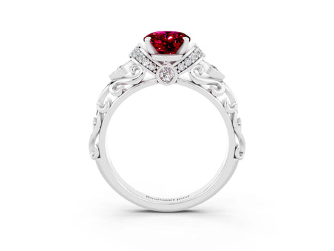 White gold Oval Cut Garnet Solitaire Ring with Filigree Band and Four-Prong Setting_27