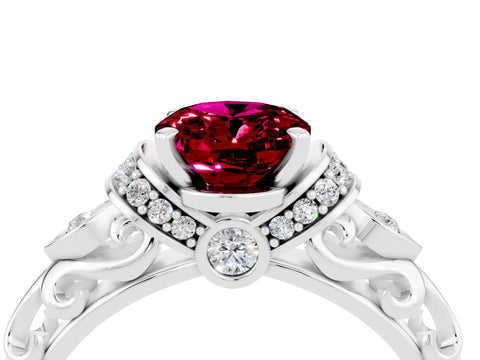 White gold Oval Cut Garnet Solitaire Ring with Filigree Band and Four-Prong Setting_28