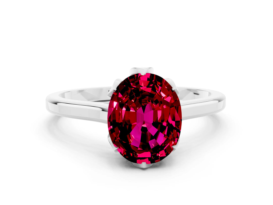 White gold Oval Cut Garnet Solitaire Ring with Flower Prong Setting and Classic Band_12