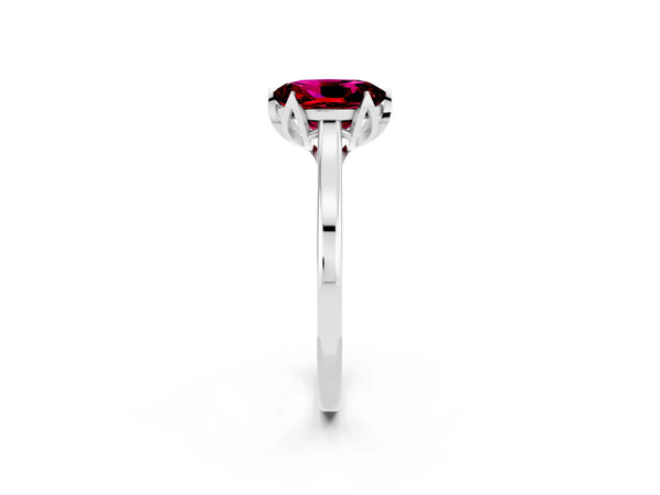 White gold Oval Cut Garnet Solitaire Ring with Flower Prong Setting and Classic Band