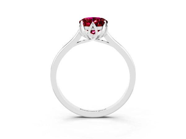 Platinum Oval Cut Garnet Solitaire Ring with Flower Prong Setting and Classic Band