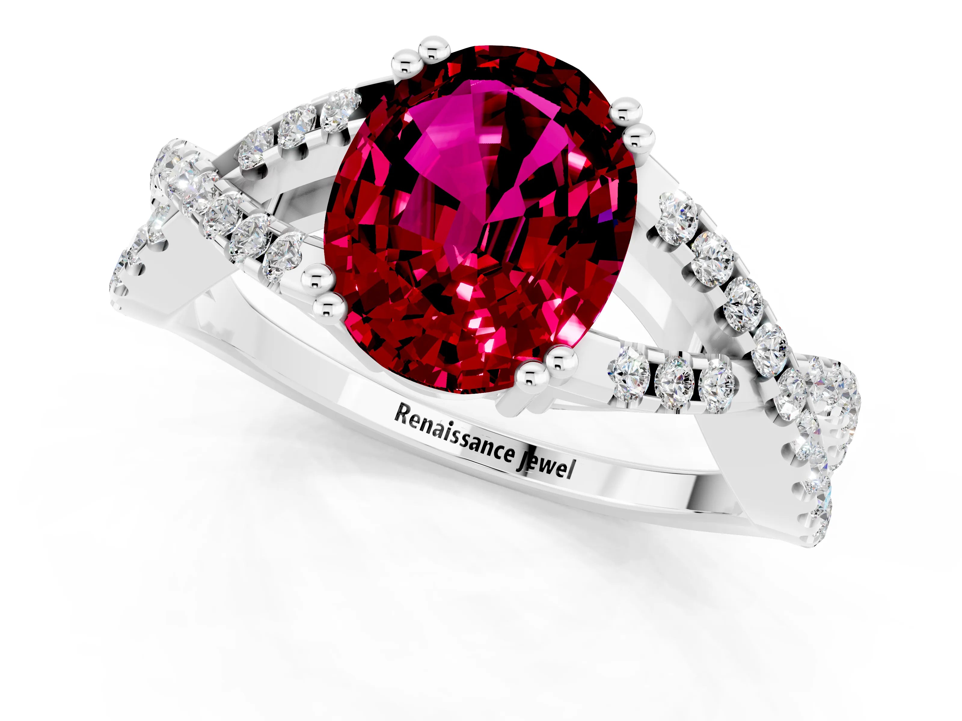 White gold Oval Cut Garnet Solitaire Ring with Four-Prong Setting and Twisted Pavé Band_1