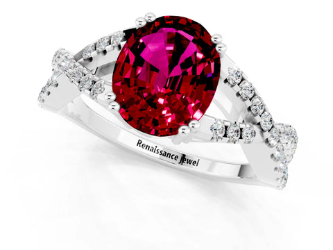 White gold Oval Cut Garnet Solitaire Ring with Four-Prong Setting and Twisted Pavé Band_1