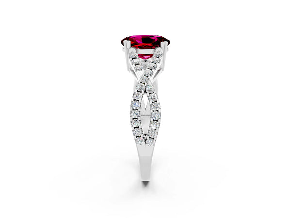 Silver Oval Cut Garnet Solitaire Ring with Four-Prong Setting and Twisted Pavé Band