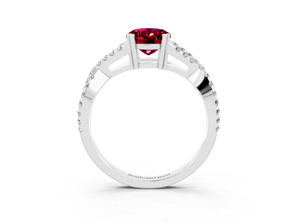 White gold Oval Cut Garnet Solitaire Ring with Four-Prong Setting and Twisted Pavé Band