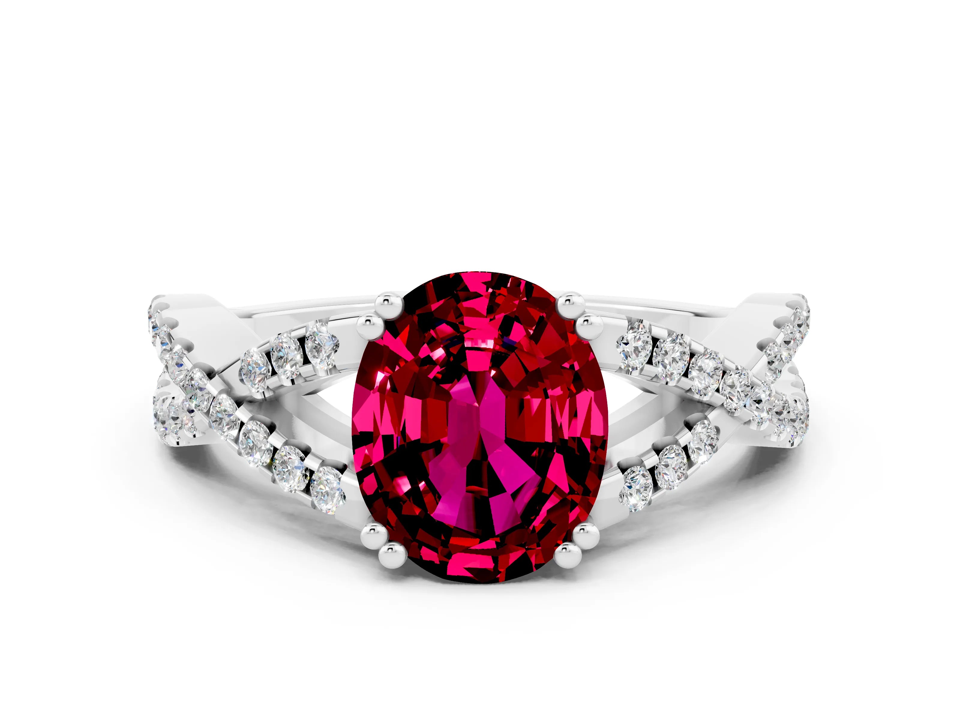 White gold Oval Cut Garnet Solitaire Ring with Four-Prong Setting and Twisted Pavé Band