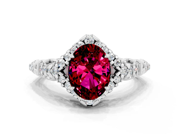 White gold Oval Cut Garnet Solitaire Ring with Hidden Halo and Pavé Band