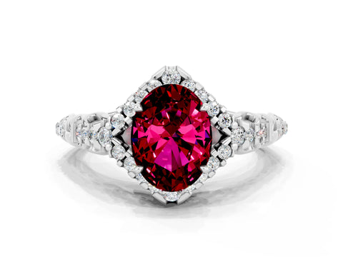 White gold Oval Cut Garnet Solitaire Ring with Hidden Halo and Pavé Band_12