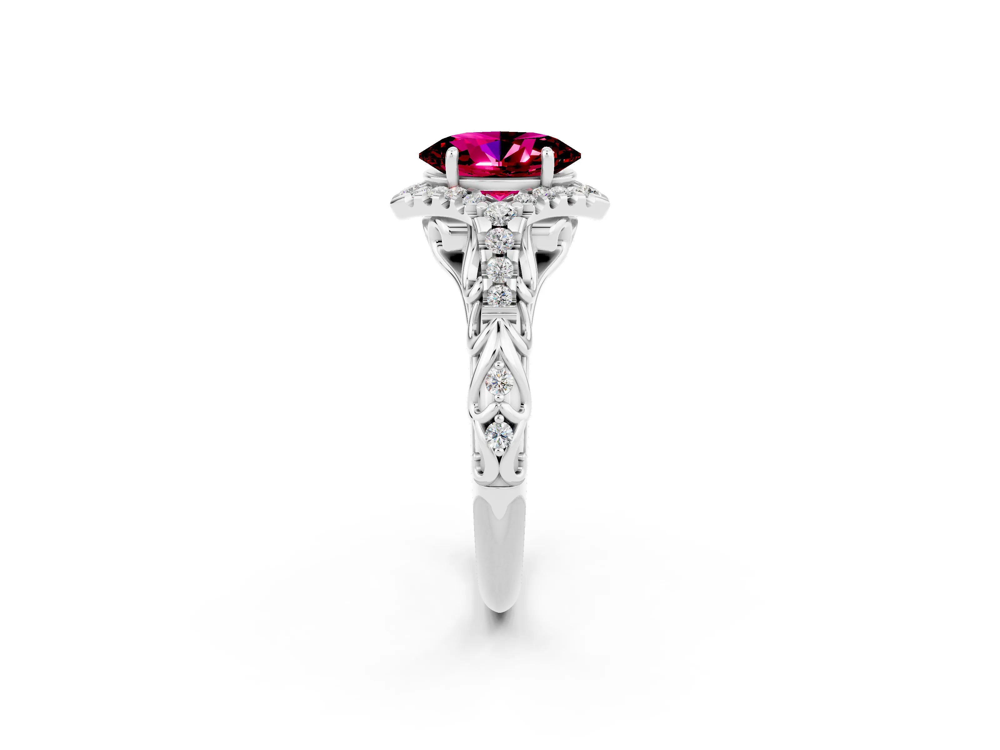 White gold Oval Cut Garnet Solitaire Ring with Hidden Halo and Pavé Band_14