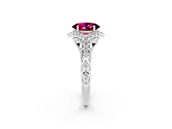 Silver Oval Cut Garnet Solitaire Ring with Hidden Halo and Pavé Band