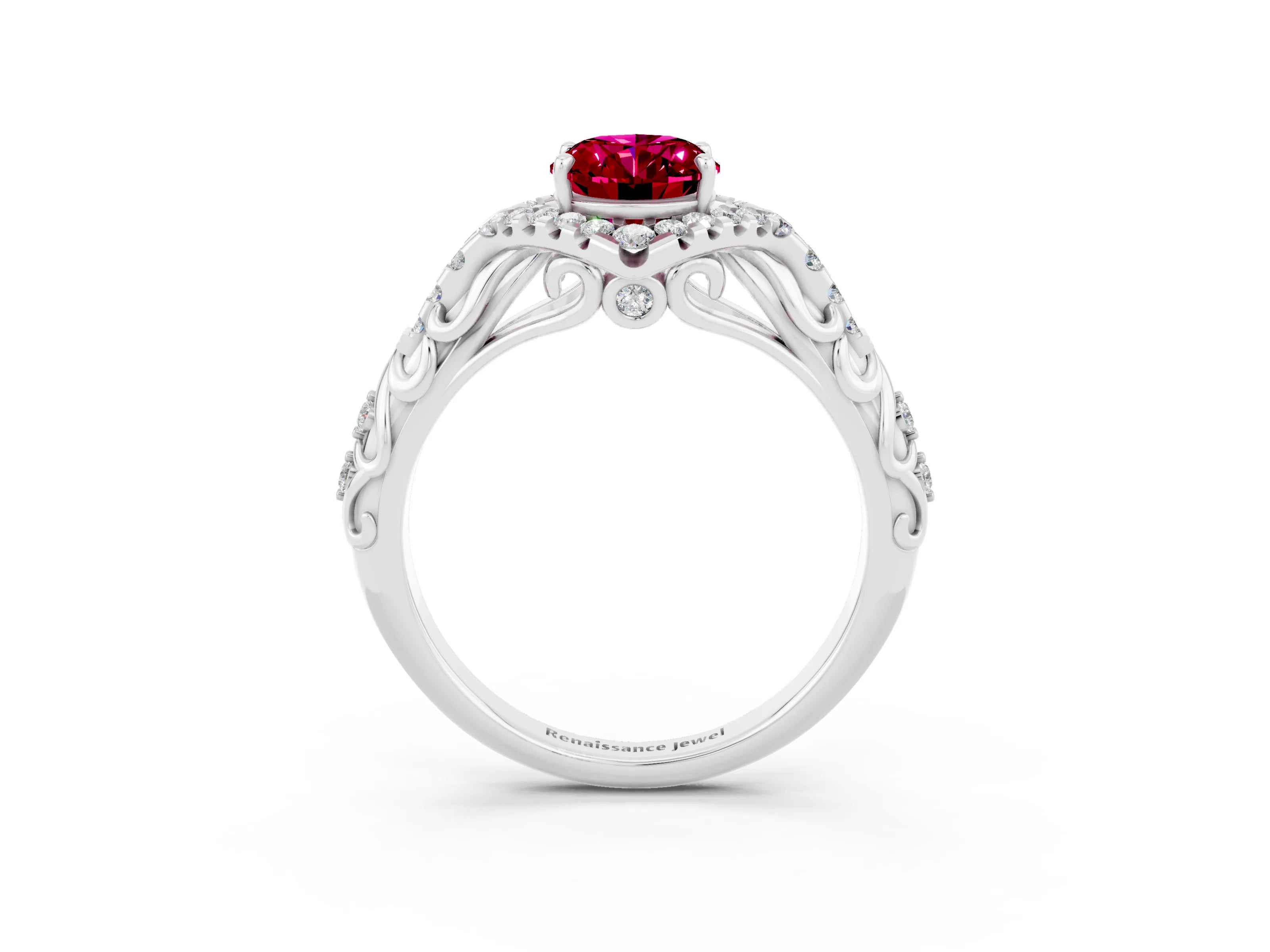 White gold Oval Cut Garnet Solitaire Ring with Hidden Halo and Pavé Band_15