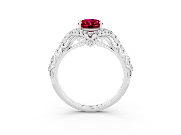 Platinum Oval Cut Garnet Solitaire Ring with Hidden Halo and Pavé Band