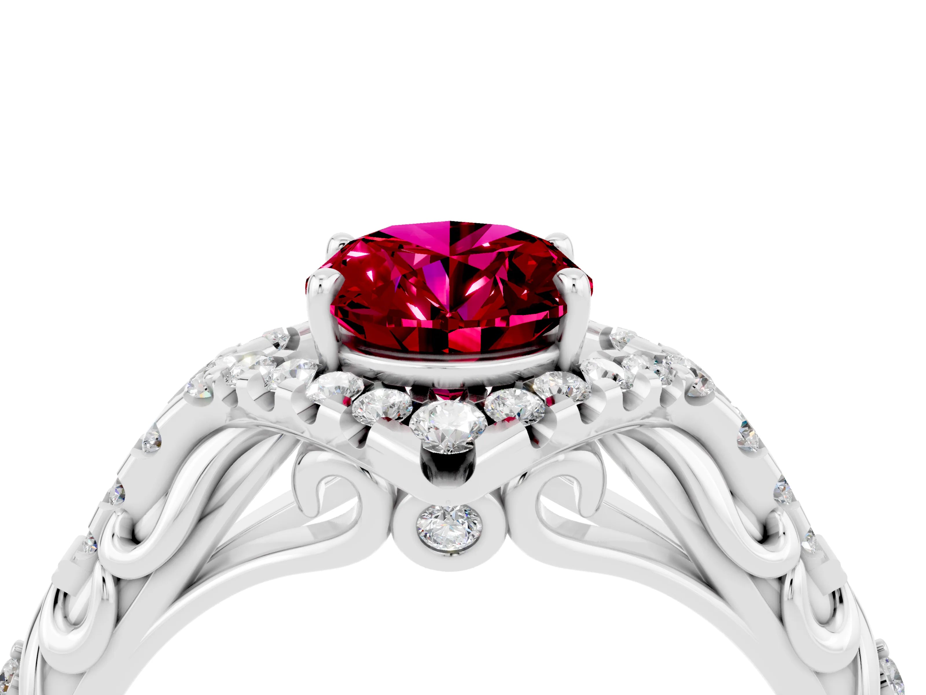 White gold Oval Cut Garnet Solitaire Ring with Hidden Halo and Pavé Band_16