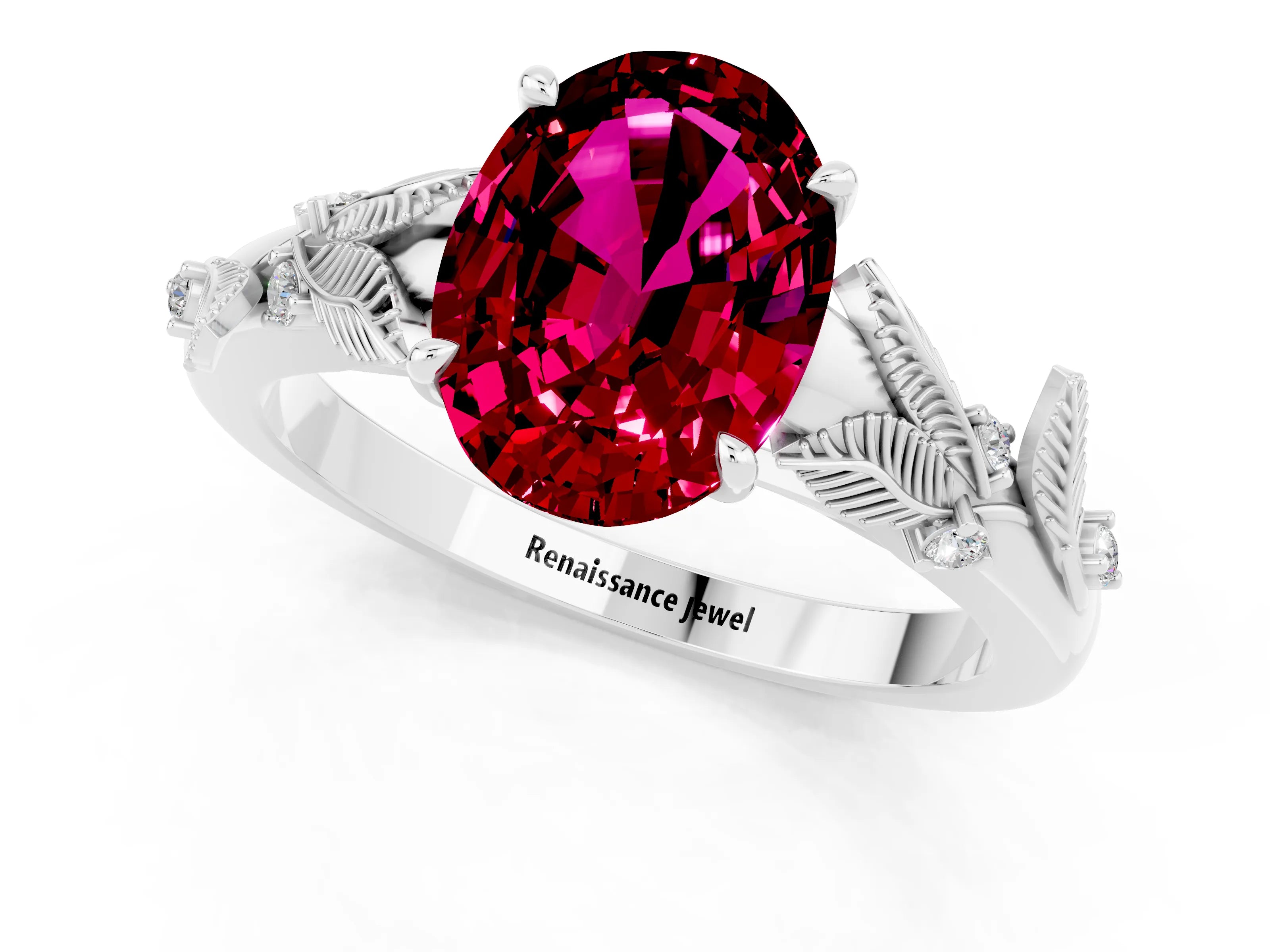 White gold Oval Cut Garnet Solitaire Ring with Leaf Motif Band and Four-Prong Setting_1