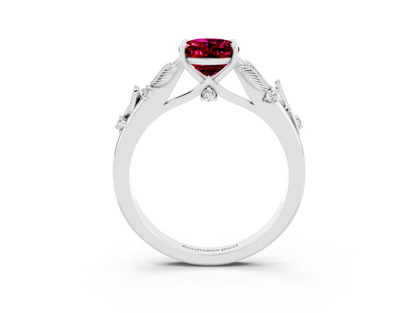 White gold Oval Cut Garnet Solitaire Ring with Leaf Motif Band and Four-Prong Setting