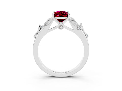 White gold Oval Cut Garnet Solitaire Ring with Leaf Motif Band and Four-Prong Setting_15