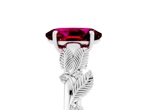 White gold Oval Cut Garnet Solitaire Ring with Leaf Motif Band and Four-Prong Setting_17