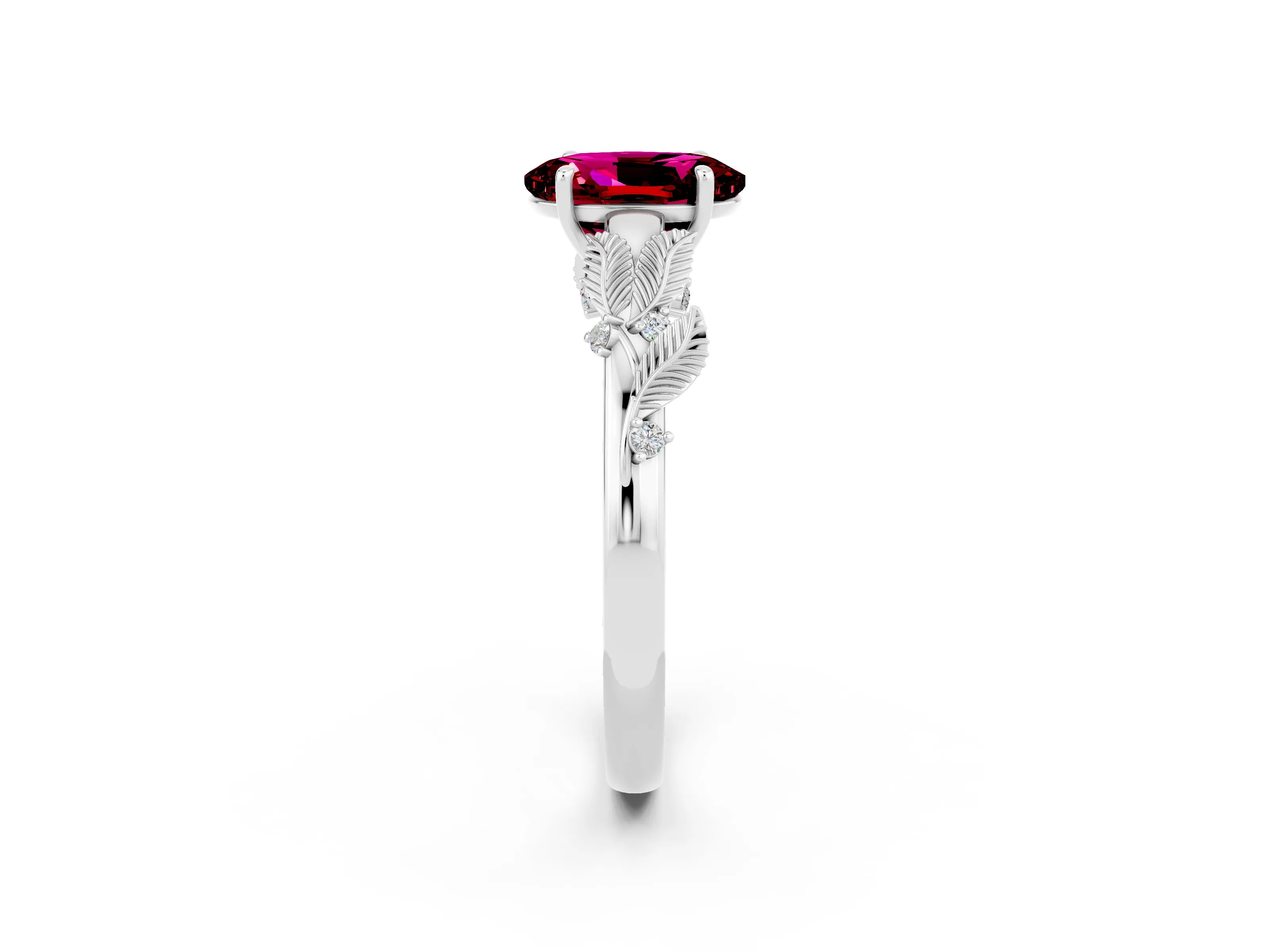 White gold Oval Cut Garnet Solitaire Ring with Leaf Motif Band and Four-Prong Setting_2