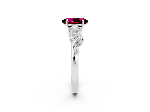 White gold Oval Cut Garnet Solitaire Ring with Leaf Motif Band and Four-Prong Setting_2
