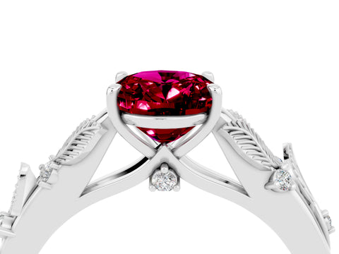 White gold Oval Cut Garnet Solitaire Ring with Leaf Motif Band and Four-Prong Setting_4