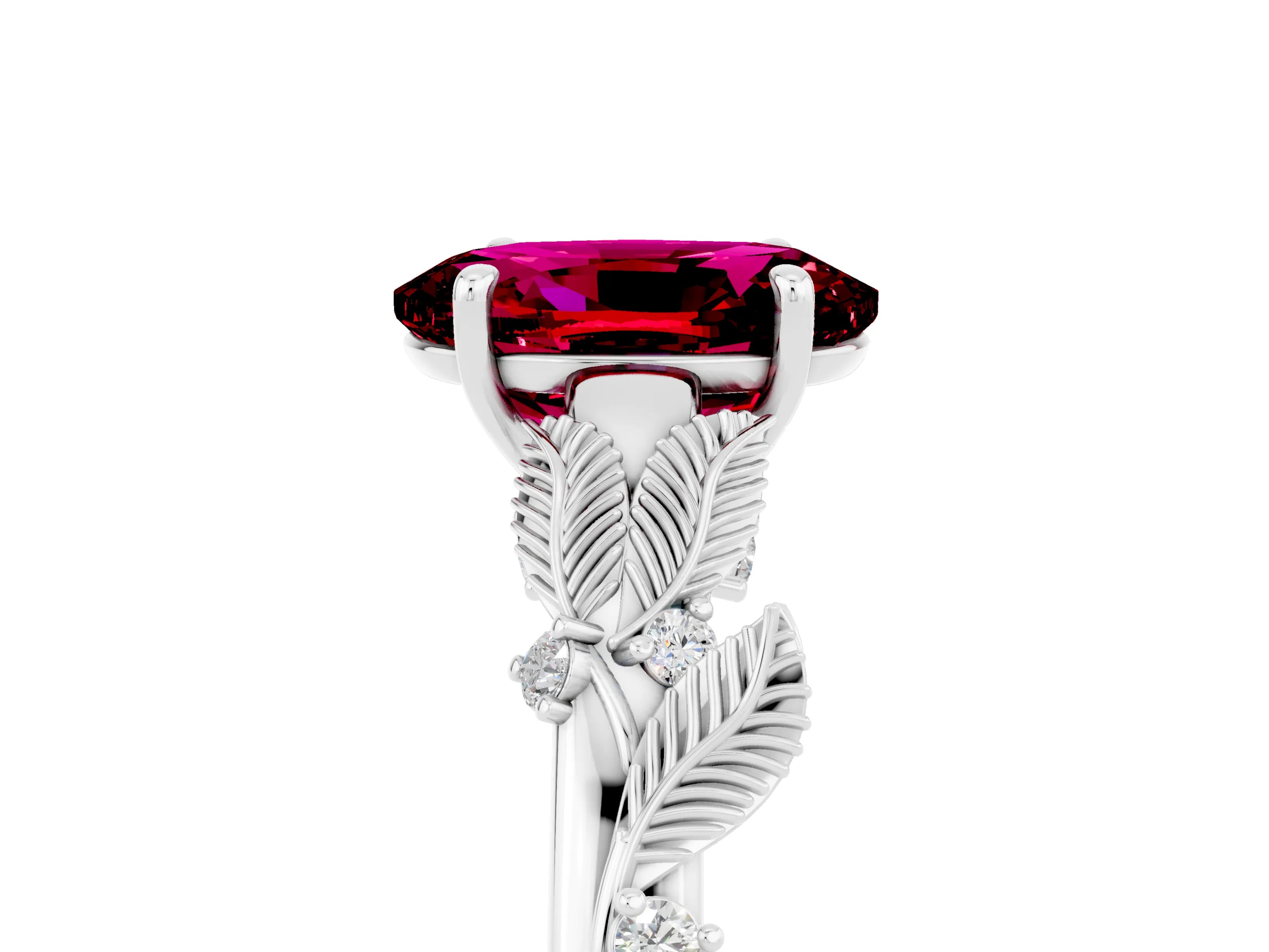 White gold Oval Cut Garnet Solitaire Ring with Leaf Motif Band and Four-Prong Setting_5