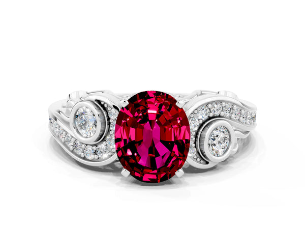 Platinum Oval Cut Garnet Solitaire Ring with Milgrain Pavé Band and Four-Prong Setting