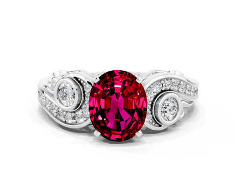 White gold Oval Cut Garnet Solitaire Ring with Milgrain Pavé Band and Four-Prong Setting_12