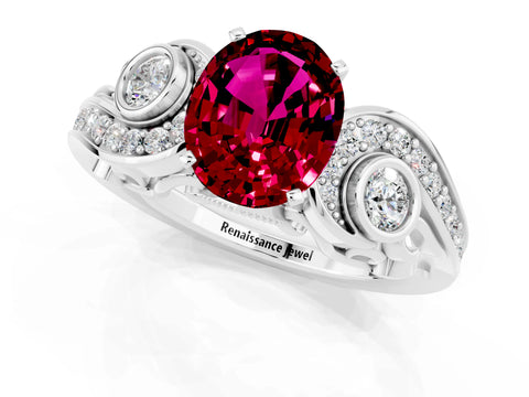 White gold Oval Cut Garnet Solitaire Ring with Milgrain Pavé Band and Four-Prong Setting_13