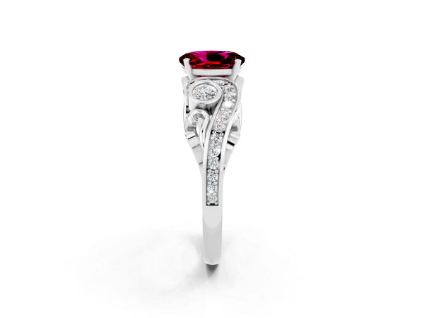 Platinum Oval Cut Garnet Solitaire Ring with Milgrain Pavé Band and Four-Prong Setting