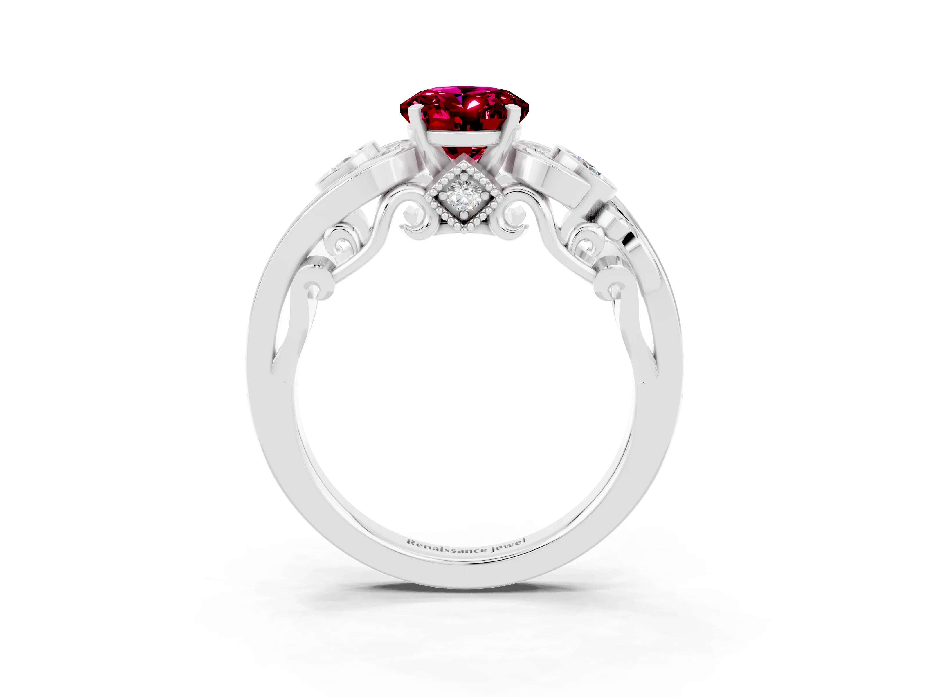 White gold Oval Cut Garnet Solitaire Ring with Milgrain Pavé Band and Four-Prong Setting_15