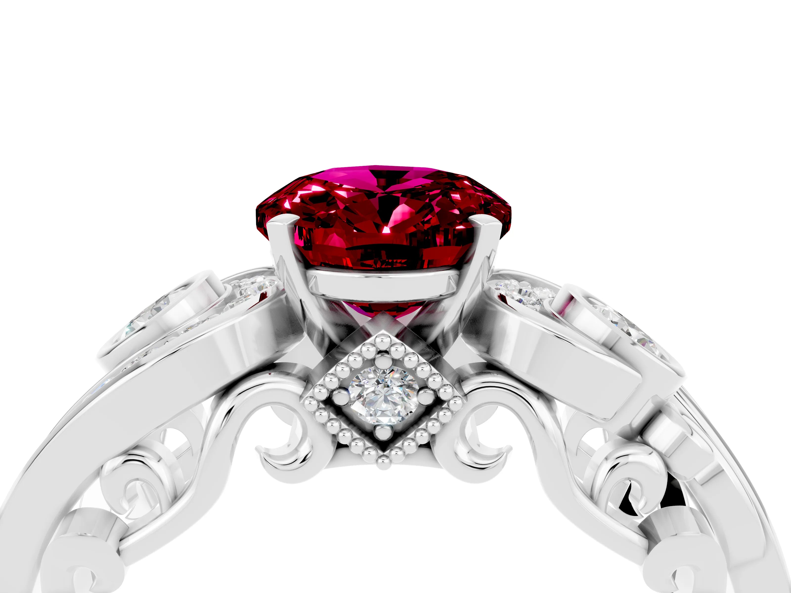 White gold Oval Cut Garnet Solitaire Ring with Milgrain Pavé Band and Four-Prong Setting_16