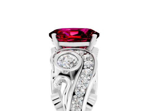 White gold Oval Cut Garnet Solitaire Ring with Milgrain Pavé Band and Four-Prong Setting_17