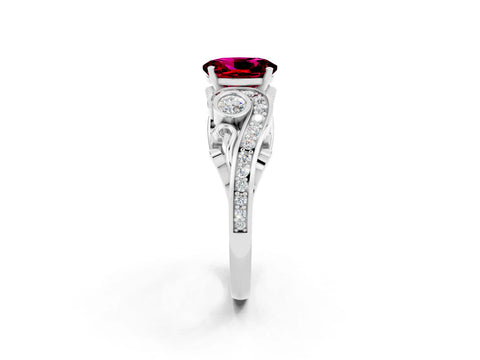 White gold Oval Cut Garnet Solitaire Ring with Milgrain Pavé Band and Four-Prong Setting_50