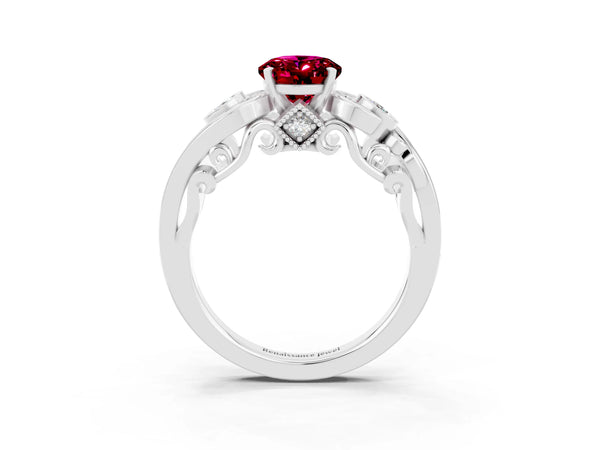 White gold Oval Cut Garnet Solitaire Ring with Milgrain Pavé Band and Four-Prong Setting