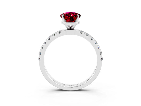 Silver Oval Cut Garnet Solitaire Ring with Pavé Accents and Four-Prong Setting