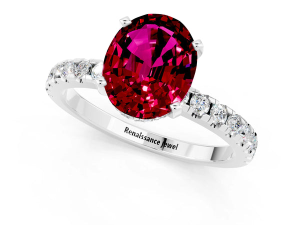 Silver Oval Cut Garnet Solitaire Ring with Round  Pavé Band and Four-Prong Setting