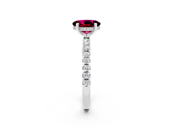 Silver Oval Cut Garnet Solitaire Ring with Round  Pavé Band and Four-Prong Setting