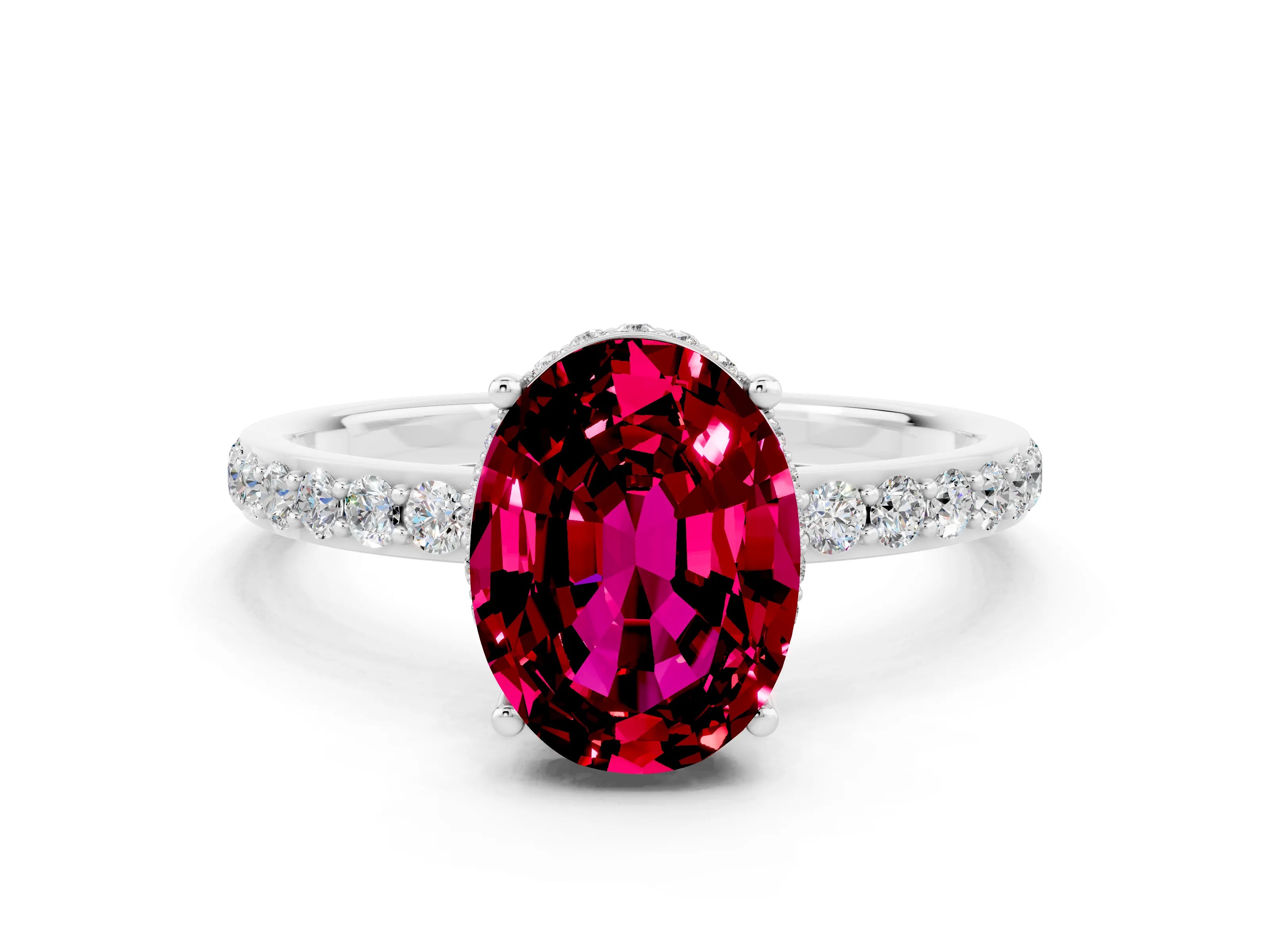 White gold Oval Cut Garnet Solitaire Ring with Pavé Band and Hidden Halo_12
