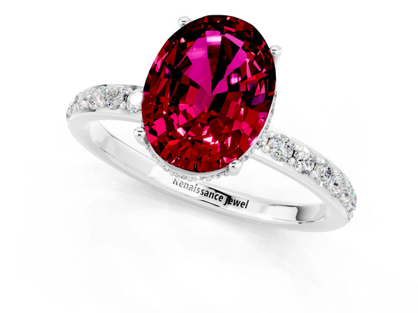 Platinum Oval Cut Garnet Solitaire Ring with Pavé Band and Hidden Halo