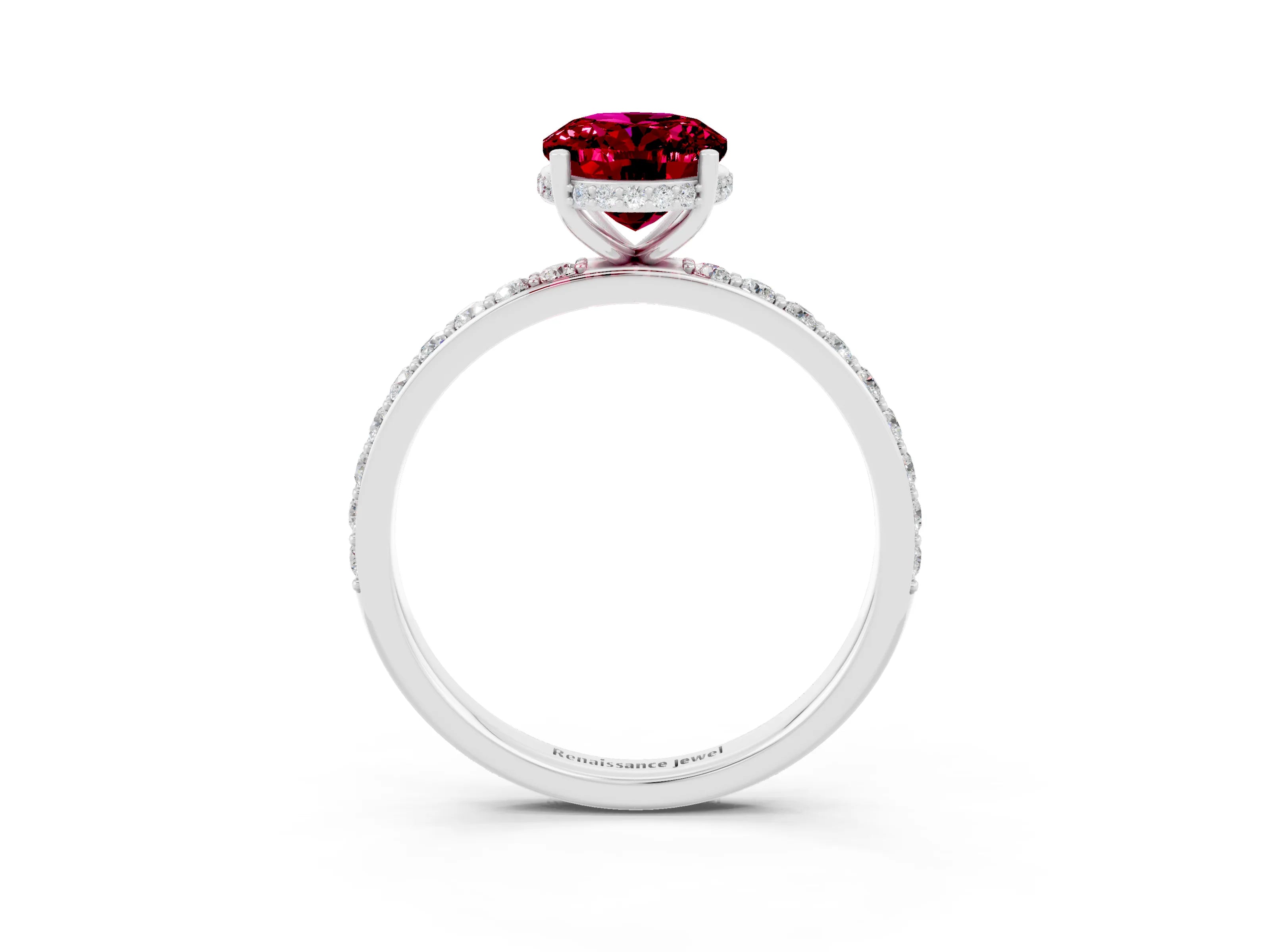 White gold Oval Cut Garnet Solitaire Ring with Pavé Band and Hidden Halo_15