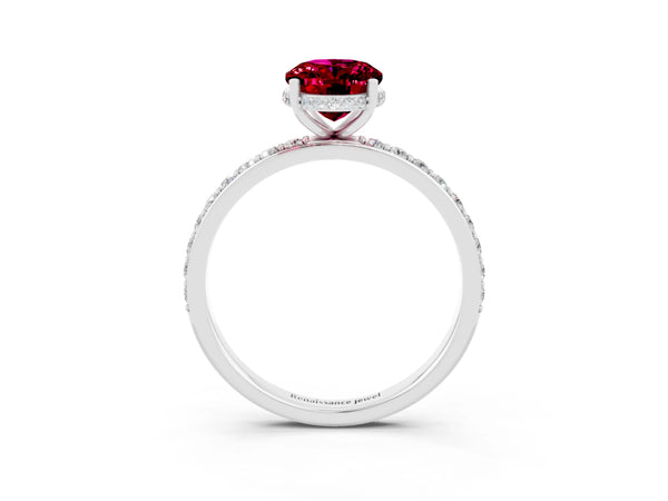 Platinum Oval Cut Garnet Solitaire Ring with Pavé Band and Hidden Halo