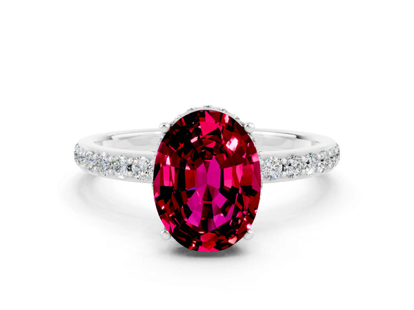 White gold Oval Cut Garnet Solitaire Ring with Pavé Band and Hidden Halo