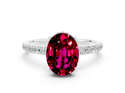 White gold Oval Cut Garnet Solitaire Ring with Pavé Band and Hidden Halo_24