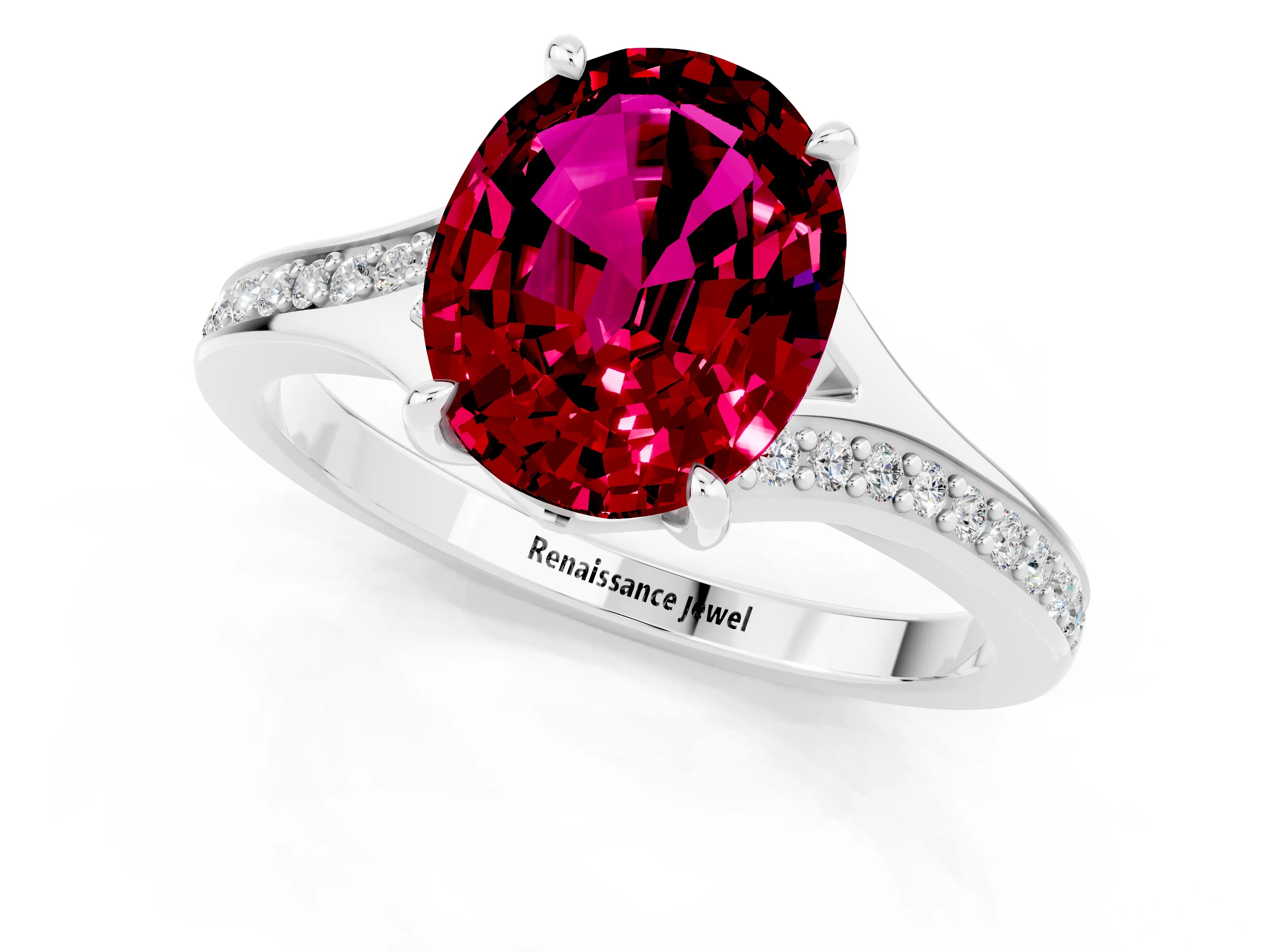 White gold Oval Cut Garnet Solitaire Ring with Pavé Band and Prong Setting_13